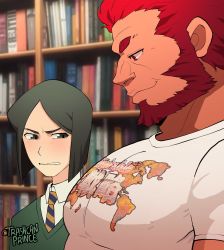 Rule 34 | 2boys, bara, beard, blush, bookshelf, breast envy, bursting pectorals, contemporary, facial hair, fate/grand order, fate/zero, fate (series), from side, highres, iskandar (fate), large pectorals, looking at another, looking down, male focus, mature male, meme, multiple boys, muscle envy, muscular, muscular male, official style, girl staring at guys chest (meme), pectoral focus, pectorals, red eyes, red hair, shirt, short hair, smile, smug, t-shirt, tight clothes, tight shirt, trashcanprince, upper body, waver velvet, white shirt, yaoi