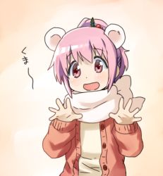 Rule 34 | 10s, 1girl, alternate hairstyle, animal ears, bad id, bad pixiv id, bear ears, casual, kaname madoka, mahou shoujo madoka magica, mahou shoujo madoka magica (anime), open mouth, pink eyes, pink hair, ponytail, scarf, solo, yoplait