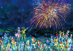 Rule 34 | 2girls, black headwear, blouse, blue shirt, commentary, facing away, field, fireworks, forest, frilled shirt collar, frilled skirt, frilled sleeves, frills, full body, grass, green hair, green skirt, hand on another&#039;s back, hat, hat ribbon, heart, heart of string, highres, komeiji koishi, komeiji satori, leaf, multiple girls, nature, night, night sky, outdoors, outstretched arm, pink skirt, pointing, purple hair, ribbon, shirt, short hair, short sleeves, siblings, sisters, skirt, sky, star (sky), starry sky, tocchi, touhou, tree, wide sleeves, yellow ribbon, yellow shirt