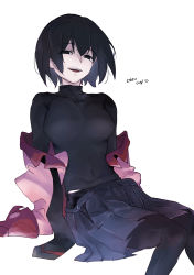 Rule 34 | 1girl, :d, absurdres, black eyes, black hair, black necktie, black pantyhose, black undershirt, bob cut, breasts, character name, clothes pull, collarbone, commentary, dress shirt, empty eyes, feet out of frame, hair strand, hatahata (okkrslk), heart, highres, knees together feet apart, large breasts, looking at viewer, messy hair, midriff peek, monogatari (series), naoetsu high school uniform, narrowed eyes, necktie, off shoulder, open clothes, open mouth, open shirt, open skirt, oshino ougi, pale skin, pantyhose, pink shirt, romaji text, school uniform, shirt, simple background, sitting, skirt, skirt pull, sleeves past fingers, sleeves past wrists, smile, solo, turtleneck, undone necktie, undressing, white background