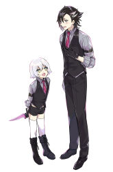 Rule 34 | 1boy, 1girl, absurdres, alternate costume, bishounen, black footwear, black gloves, black hair, black pants, black vest, blush, dagger, fate/grand order, fate (series), formal, full body, gloves, green eyes, grey eyes, grey hair, grey shirt, hair between eyes, hair strand, highres, holding, holding dagger, holding knife, holding weapon, jack the ripper (fate/apocrypha), jack the ripper (memory of qualia) (fate), knife, male focus, mandricardo (fate), multicolored hair, necktie, okuno naru (exoprsa), open mouth, pants, purple neckwear, shirt, short hair, simple background, sleeves rolled up, smile, streaked hair, striped clothes, striped shirt, swept bangs, thighhighs, vest, weapon, white background, white hair