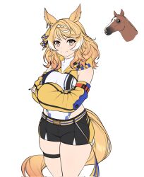 Rule 34 | 1girl, animal ears, black shorts, blonde hair, braid, brown eyes, checkered leotard, commentary request, cowboy shot, creature and personification, crossed arms, detached sleeves, fukuro (maruaru00), genderswap, genderswap (mtf), glaring, highres, horse, horse ears, horse girl, horse tail, leotard, long sleeves, looking at viewer, medium hair, multicolored hair, original, personification, real life, sanpaku, short shorts, shorts, simple background, skindentation, smile, soccer boy (racehorse), tail, thick thighs, thigh strap, thighs, two-tone hair, umamusume, v-shaped eyebrows, white background, white hair, white leotard