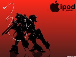 Rule 34 | apple inc., armored core, armored core: for answer, digital media player, dual wielding, from software, gradient background, gun, hari (armored core), holding, ipod, ipod ad, mecha, no humans, orca (armored core), parody, red background, robot, silhouette, simple background, weapon