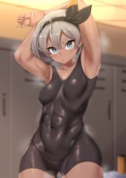 Rule 34 | 1girl, abs, armpits, arms up, bare shoulders, bea (pokemon), black bodysuit, black hairband, blurry, blurry background, blush, bodysuit, breasts, closed mouth, collarbone, covered navel, creatures (company), dark-skinned female, dark skin, game freak, grey eyes, grey hair, gym leader, hair between eyes, hairband, highres, locker, locker room, looking at viewer, medium breasts, moisture (chichi), muscular, muscular female, nintendo, pokemon, pokemon swsh, short hair, solo, stretching, sweat, thighs, toned