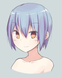 Rule 34 | 1girl, blue background, blush, character request, collarbone, copyright request, highres, light purple hair, mole, mole under eye, orange eyes, seedflare, short hair, simple background, smile, solo, upper body