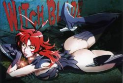 Rule 34 | 00s, 1girl, amaha masane, antenna hair, ass, black sclera, boots, breast press, breasts, claws, colored sclera, copyright name, high heels, legs, long hair, looking at viewer, lying, on stomach, red hair, solo, suzuki shingo, thigh boots, thighhighs, thighs, tongue, tongue out, witchblade, yellow eyes