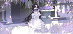 Rule 34 | 1girl, aged down, arm support, black hair, butterfly on mouth, dress, flower, full body, highres, isolde (reverse:1999), juliet sleeves, long dress, long hair, long sleeves, looking at viewer, lumos, puffy sleeves, purple eyes, purple flower, railing, reverse:1999, shadow, sitting, solo, sunlight, white dress, wide shot, wisteria