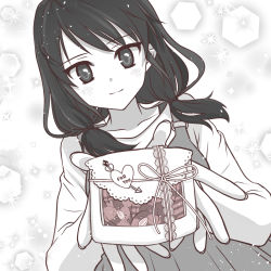 1girl, arrow (symbol), arrow through heart, bangs, blush, casual, closed mouth, collarbone, commentary request, dress, english text, eyebrows visible through hair, gift, greyscale, heart, highres, holding, holding gift, incoming gift, long hair, long sleeves, looking at viewer, low twintails, moma (moma49664517), monochrome, shirt, sleeveless, sleeveless dress, smile, solo, sparkle, sparkle background, spot color, tamura yuri, twintails, upper body, valentine, watashi ga motenai no wa dou kangaetemo omaera ga warui!