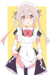 Rule 34 | 1girl, :o, bare arms, blush, border, bow, bowtie, brown eyes, clothes lift, commentary, genderswap, genderswap (mtf), hair between eyes, highres, lifting own clothes, long hair, looking at viewer, maid, maid headdress, onii-chan wa oshimai!, open mouth, oyama mahiro, pink hair, puffy short sleeves, puffy sleeves, red bow, red bowtie, ribbon-trimmed legwear, ribbon trim, short sleeves, simple background, skirt, skirt lift, solo, teira (ooxoo), thighhighs, twintails, white border, white thighhighs, wrist cuffs, yellow background