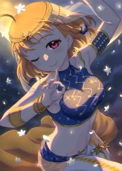 Rule 34 | 1girl, ;), ahoge, arabian clothes, armlet, backlighting, blue scrunchie, bracelet, braid, circlet, commentary request, crop top, flower, hair ornament, hair scrunchie, harem pants, head chain, highres, jewelry, kokoro magic a to z, looking at viewer, love live!, love live! sunshine!!, midriff, navel, ok sign, one eye closed, pants, petals, print scrunchie, red eyes, scrunchie, side braid, sky, sleeveless, smile, solo, star (sky), star (symbol), starry sky, takami chika, waist cape, waste-man, white flower