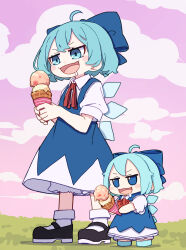 Rule 34 | 2girls, absurdres, ahoge, black footwear, blue bow, blue dress, blue eyes, blue hair, blush stickers, bow, cirno, collared shirt, detached wings, dress, dual persona, fairy, food, fumo (doll), hair bow, highres, holding, holding food, ice, ice cream, ice wings, kame (kamepan44231), multiple girls, open mouth, shirt, shoes, short hair, short sleeves, smile, socks, standing, touhou, white shirt, white socks, wings