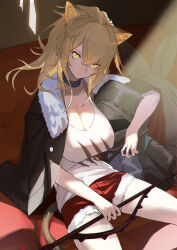Rule 34 | 1girl, animal ears, arknights, black collar, blonde hair, breasts, closed mouth, coat, collar, collarbone, couch, doctor (arknights), fur trim, hair between eyes, highres, holding, holding weapon, indoors, large breasts, legs apart, light frown, lion ears, lion girl, lion tail, long hair, looking at viewer, on couch, open clothes, open coat, ponytail, razu (rus), red shorts, shaded face, shirt, shorts, siege (arknights), sitting, studded collar, stuffed toy, t-shirt, tail, upper body, weapon, white shirt, yellow eyes