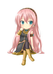 Rule 34 | 1girl, black thighhighs, blush, boots, crossed legs, female focus, full body, green eyes, headphones, highres, kuena, legs, long hair, megurine luka, pink hair, simple background, sitting, solo, thighhighs, very long hair, vocaloid, white background