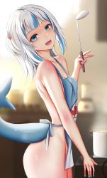 Rule 34 | 1girl, apron, ass, bare shoulders, blue apron, blue eyes, blunt bangs, blush, cooking, fins, fish tail, from side, gawr gura, ginhaha, hair ornament, highres, hololive, hololive english, looking at viewer, naked apron, shark girl, shark tail, solo, standing, tail, virtual youtuber, white hair