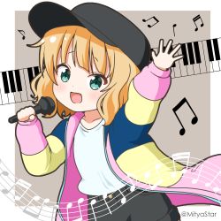 Rule 34 | 1girl, :d, arm up, beamed eighth notes, beamed sixteenth notes, black hat, black shorts, blonde hair, chibi, collarbone, commentary request, eighth note, flat cap, gochuumon wa usagi desu ka?, green eyes, grey background, hand up, hat, holding, holding microphone, jacket, kirima syaro, long sleeves, looking at viewer, microphone, mitya, multicolored clothes, multicolored jacket, musical note, open clothes, open jacket, open mouth, paripi koumei, piano keys, puffy long sleeves, puffy sleeves, quarter note, shirt, short shorts, shorts, smile, solo, tsukimi eiko, twitter username, two-tone background, white background, white shirt