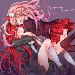 Rule 34 | 10s, 2girls, artist request, ass, blue eyes, boots, bow, breasts, danganronpa (series), danganronpa/zero, danganronpa: trigger happy havoc, danganronpa 3 (anime), dual persona, enoshima junko, eye contact, hair bow, heart, hug, long hair, looking at another, multiple girls, nail polish, necktie, open mouth, otonashi ryouko, panties, pantyshot, pink hair, plaid, plaid skirt, pleated skirt, red eyes, red hair, scared, school uniform, shaded face, skirt, smile, turn pale, twintails, underwear