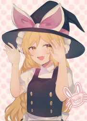 Rule 34 | 1girl, :d, \||/, blonde hair, braid, breasts, eyebrows hidden by hair, fang, hands up, highres, kirisame marisa, light blush, long hair, looking at viewer, majime joe, open mouth, polka dot, polka dot background, simple background, skin fang, small breasts, smile, solo, touhou, unfinished dream of all living ghost, very long hair, white background, yellow eyes