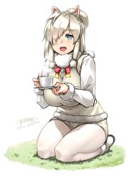 Rule 34 | 10s, 1girl, 2017, alpaca, alpaca ears, alpaca suri (kemono friends), alpaca tail, animal ears, artist name, blonde hair, blue eyes, bow, breasts, coffee cup, cup, dated, disposable cup, dress, fur trim, grass, hair over one eye, highres, kemono friends, large breasts, long sleeves, looking at viewer, open mouth, seiza, shorts, sidelocks, signature, sitting, smile, solo, steam, tachibana roku, tail, white background