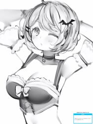 Rule 34 | 1girl, ahoge, arms behind head, breasts, choker, cleavage, corset, detached sleeves, greyscale, highres, hololive, large breasts, looking at viewer, monochrome, nanashi (nlo), one eye closed, parted lips, puffy detached sleeves, puffy short sleeves, puffy sleeves, short sleeves, simple background, solo, upper body, virtual youtuber, white background, yozora mel, yozora mel (2nd costume)