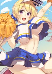 Rule 34 | 1girl, :d, absurdres, alternate costume, arm up, blonde hair, blue sky, breasts, cheerleader, cloud, commentary request, crop top, crop top overhang, day, hakoniwa-boxer, hand up, highres, hip focus, jumping, large breasts, legs, lena liechtenauer, long hair, looking at viewer, navel, no bra, open mouth, partial commentary, pom pom (cheerleading), purple eyes, scrunchie, senren banka, shoes, sky, smile, sneakers, solo, thighs, twintails, unaligned breasts, underboob, visor, yuzu-soft