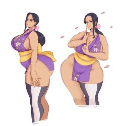 Rule 34 | 1girl, ass, black hair, blue eyes, breasts, cleavage, curvy, highres, huge ass, huge breasts, japanese clothes, kimono, looking at viewer, mature female, naughty face, nico robin, ninja, one piece, sideboob, sunnysundown, thick thighs, thighs, wide hips