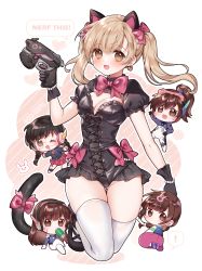 Rule 34 | !, 5girls, academy d.va, adapted costume, alternate color, alternate hairstyle, animal ears, bandaid, bandaid on leg, bead bracelet, beads, bespectacled, black cat d.va, black dress, black footwear, black gloves, black tail, blazer, blonde hair, blue bodysuit, bodysuit, bow, bowtie, bracelet, braid, breasts, brown hair, can, cat ears, cat tail, chibi, chibi inset, cleavage, corset, crossed legs, d.va (overwatch), dress, dress bow, drink can, drinking, earrings, english text, facepaint, facial mark, fake animal ears, finger on trigger, frilled dress, frills, from behind, full body, glasses, gloves, gluteal fold, gun, hair ornament, hanbok, handgun, headphones, heart, heart earrings, high heels, highres, holding, holding gun, holding weapon, jacket, jewelry, kaoruru (sakuno2911), kneeling, korean clothes, lolita fashion, long hair, looking at viewer, looking back, multiple girls, necktie, official alternate costume, open mouth, overwatch, overwatch 1, overwatch 2, palanquin d.va, pearl bracelet, pilot suit, pink bow, pink necktie, pink skirt, puffy short sleeves, puffy sleeves, rabbit hair ornament, round eyewear, short sleeves, skin tight, skirt, small breasts, smile, soda can, spoken exclamation mark, tail, tail bow, tail ornament, thighhighs, traditional clothes, twin braids, twintails, twitter username, weapon, whisker markings, white background, white thighhighs