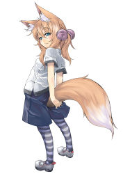 Rule 34 | 1girl, animal ears, arms behind back, bell, blush, fox ears, fox tail, highres, jingle bell, looking back, original, pantyhose, pantyhose under shorts, pirocch, shorts, simple background, smile, solo, striped clothes, striped pantyhose, tail, white background