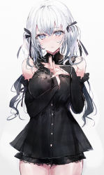 Rule 34 | 1girl, bare shoulders, black dress, black hair, black nails, black ribbon, blue eyes, blush, commentary, cowboy shot, detached sleeves, dress, hair between eyes, hair ribbon, hands up, highres, long hair, long sleeves, looking at viewer, mole, mole under eye, multicolored hair, nail polish, original, own hands together, parted lips, ribbon, shia job, silver hair, solo, standing, twintails, white background