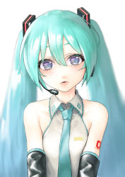 Rule 34 | 1girl, aqua hair, bad id, bad pixiv id, bare shoulders, blue neckwear, blurry, blush, breasts, collared shirt, depth of field, detached sleeves, eyelashes, gradient hair, grey shirt, hair between eyes, hair ornament, hatsune miku, headset, highres, lips, long hair, looking at viewer, multicolored hair, necktie, parted lips, rsk (tbhono), shirt, simple background, twintails, upper body, vocaloid, white background