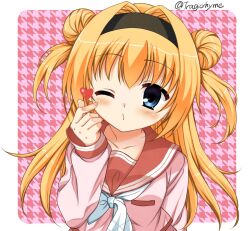 Rule 34 | 1girl, arm at side, black hairband, blonde hair, blowing kiss, blue eyes, blush, border, bow, chitose sana, commentary request, double bun, finger heart, hair between eyes, hair bun, hair intakes, hairband, hand up, heart, highres, long hair, looking at viewer, o3o, one eye closed, pink bow, puckered lips, red sailor collar, sailor collar, school uniform, serafuku, simple background, sleeves past wrists, solo, tenshinranman, tragicrhyme, twitter username, two side up, upper body, white border, white bow