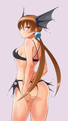 Rule 34 | 1girl, absurdres, alisa southerncross, animal ears, ass, bare arms, bare shoulders, bikini, black bikini, breasts, brown hair, commentary request, fins, grey background, hair between eyes, hair ornament, hand on own ass, head fins, highres, keroro gunsou, long hair, looking at viewer, looking back, medium breasts, momihige, purple eyes, sideboob, simple background, solo, standing, swimsuit, twintails