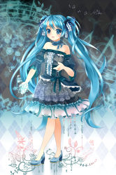 Rule 34 | 1girl, aqua eyes, aqua hair, argyle, argyle background, argyle clothes, character name, detached sleeves, dress, frills, hair ribbon, hatsune miku, high heels, highres, long hair, musical note, puracotte, ribbon, shoes, solo, twintails, very long hair, vocaloid