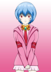 Rule 34 | 00s, 1girl, ayanami rei, blue hair, blush, brooch, company connection, cosplay, cowboy shot, gem, gradient background, jewelry, looking at viewer, necktie, neon genesis evangelion, nia teppelin, nia teppelin (cosplay), own hands together, pink skirt, red eyes, red necktie, short hair, skirt, sleeves past wrists, smile, solo, standing, tengen toppa gurren lagann, v arms
