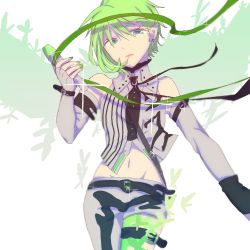 Rule 34 | 1girl, blue eyes, detached sleeves, fingerless gloves, gloves, green hair, green nails, holding, holding microphone, looking to the side, macross, macross delta, microphone, nail polish, navel, oke (knjou g tya), reina prowler, solo, thigh strap