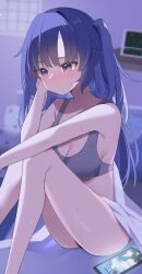 Rule 34 | 1girl, absurdres, ass, aur hkgn, blue archive, blush, bra, breasts, cellphone, cleavage, closed mouth, grey bra, highres, large breasts, long hair, phone, purple eyes, purple hair, smartphone, solo, two side up, underwear, yuuka (blue archive)