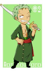 Rule 34 | 1boy, character name, chibi, green hair, hand on own hip, male focus, one-eyed, one piece, robe, roronoa zoro, smile, solo, sword, umka san, weapon