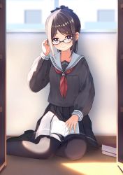 Rule 34 | 1girl, black-framed eyewear, black bow, black footwear, black pantyhose, black serafuku, black shirt, black skirt, blush, book, bow, brown hair, closed mouth, commentary request, curtains, enuni, feet out of frame, glasses, hair bow, hair ornament, hairclip, hand up, highres, indoors, loafers, looking at viewer, neckerchief, on floor, open book, original, pantyhose, parted bangs, pleated skirt, ponytail, purple eyes, red neckerchief, revision, sailor collar, school uniform, serafuku, shirt, shoes, sitting, skirt, solo, white sailor collar, yokozuwari