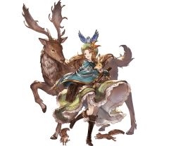Rule 34 | 10s, 1girl, animal, bag, bird, boots, brown eyes, brown hair, rabbit, capelet, deer, dress, full body, gloves, granblue fantasy, hat, holding, jasmine (granblue fantasy), knee boots, long hair, looking away, minaba hideo, open mouth, smile, squirrel, transparent background, white background
