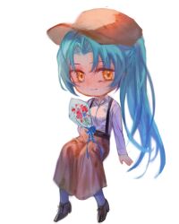 Rule 34 | 1girl, angela (project moon), baseball cap, blue hair, brown hat, brown pants, closed mouth, collared shirt, hat, high ponytail, huanxue, lobotomy corporation, long hair, long sleeves, looking at viewer, pants, parted bangs, project moon, shirt, simple background, sitting, smile, solo, suspenders, very long hair, white background, white shirt