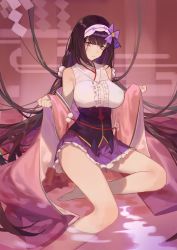 Rule 34 | 1girl, bare shoulders, barefoot, black hair, breasts, cloak, fate (series), hairband, highres, hood, hooded cloak, large breasts, long hair, low twintails, osakabehime (fate), partially submerged, purple eyes, purple skirt, red cucumber, skirt, solo, twintails, very long hair