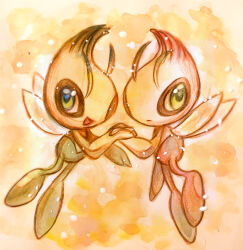 Rule 34 | 2others, absurdres, alternate color, antennae, arm at side, celebi, closed mouth, colored pencil (medium), colored skin, creatures (company), expressionless, fairy, fairy wings, floating, full body, game freak, gen 2 pokemon, green eyes, green skin, hand up, happy, highres, holding hands, interlocked fingers, legendary pokemon, looking at viewer, multicolored skin, multiple others, mythical pokemon, neverland+, nintendo, open mouth, other focus, painting (medium), pink skin, pokemon, pokemon (creature), shiny and normal, shiny pokemon, sketch, smile, symmetry, traditional media, two-tone skin, watercolor (medium), wings, yellow background