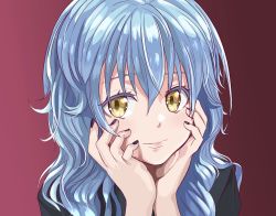 Rule 34 | 1girl, bad id, bad pixiv id, black nails, blue hair, closed mouth, curly hair, head rest, highres, huge filesize, long hair, looking at viewer, nail polish, noerue1219, portrait, purple background, rimuru tempest, smile, solo, tensei shitara slime datta ken, yellow eyes