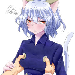 Rule 34 | 1girl, animal ears, blush, grabbing another&#039;s breast, cat ears, cat tail, curly hair, grabbing, guided breast grab, guiding hand, highres, hunter x hunter, looking at viewer, neferpitou, orange eyes, silver hair, sweatdrop, tail, unmoving pattern, watarui