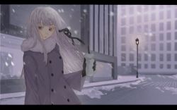 Rule 34 | 1girl, alternate costume, black gloves, black ribbon, braid, building, buttons, city, coat, colored eyelashes, cup, danganronpa: trigger happy havoc, danganronpa (series), disposable cup, double-breasted, fur collar, gloves, grey coat, hair ribbon, highres, holding, kirigiri kyoko, letterboxed, long hair, long sleeves, outdoors, purple eyes, ribbon, road, snow, snowing, solo, street, upper body, winter clothes, winter coat, yoru (yorusumire)