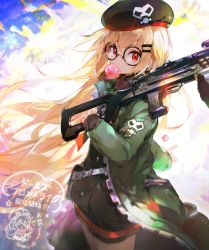 Rule 34 | 1girl, beret, black-framed eyewear, black hat, black shirt, blonde hair, blowing bubbles, chewing gum, commentary request, general-purpose machine gun, girls&#039; frontline, glasses, green jacket, gun, hair between eyes, hair ornament, hairclip, hat, holding, holding gun, holding weapon, jacket, long hair, long sleeves, looking at viewer, machine gun, name connection, namie-kun, object namesake, open clothes, open jacket, over shoulder, red eyes, round eyewear, shirt, signature, skull print, sleeves past wrists, solo, translation request, type 80 (girls&#039; frontline), type 80 machine gun, v-shaped eyebrows, very long hair, weapon, weapon over shoulder