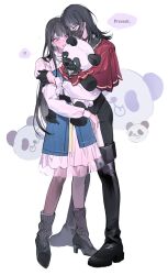 Rule 34 | !?, 2girls, baggy socks, bang dream!, bang dream! it&#039;s mygo!!!!!, black footwear, black gloves, black hair, black pants, black pantyhose, black socks, blue skirt, blush, boots, capelet, closed mouth, collared shirt, commentary, ear piercing, earrings, english text, full body, gloves, green eyes, half gloves, high heels, highres, holding, holding stuffed toy, hug, jewelry, lace, long hair, long sleeves, m omoo, mask, medium hair, mole, mole under eye, mouth mask, multiple girls, necklace, open mouth, pants, pantyhose, piercing, purple eyes, red capelet, shiina taki, shirt, simple background, skirt, socks, speech bubble, spoken interrobang, stuffed animal, stuffed panda, stuffed toy, sweatdrop, thigh boots, white background, white shirt, yahata umiri, yuri