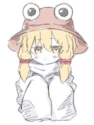 Rule 34 | 1girl, :/, blonde hair, closed mouth, commentary request, cropped torso, floppy sleeves, fumomono, hair between eyes, hat, highres, long hair, long sleeves, looking at viewer, moriya suwako, simple background, sketch, sleeves past fingers, sleeves past wrists, solo, straight-on, touhou, upper body, white background