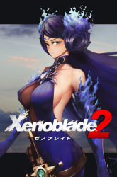 Rule 34 | 1girl, bare shoulders, blue eyes, blush, breasts, brighid (xenoblade), closed mouth, covered erect nipples, fire, gloves, halterneck, hat, highres, large breasts, long hair, looking at viewer, murasaki saki, nintendo, purple hair, sideboob, simple background, solo, tree, xenoblade chronicles (series), xenoblade chronicles 2, xenoblade chronicles (series), xenoblade chronicles 2