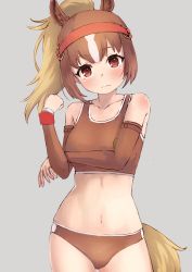 Rule 34 | 1girl, absurdres, animal ear fluff, animal ears, bare shoulders, blonde hair, bridle, brown buruma, brown eyes, brown hair, brown sports bra, buruma, chestnut thoroughbred (kemono friends), collarbone, commentary, cowboy shot, deku suke, detached sleeves, extra ears, grey background, head tilt, highres, horse ears, horse girl, horse tail, japan racing association, kemono friends, long hair, looking at viewer, midriff, multicolored hair, navel, ponytail, simple background, solo, sports bra, sportswear, tail, white hair, wristband