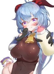 Rule 34 | ahoge, bell, black gloves, black leotard, blue hair, blush, bodystocking, bodysuit, bottle, breasts, covered erect nipples, covered navel, detached sleeves, drooling, ganyu (genshin impact), genshin impact, gloves, highres, holding, holding bottle, horns, keureu (tiqkdtiqkd10), large breasts, leotard, long hair, looking at viewer, milk, milk bottle, neck bell, paid reward available, purple eyes, qiqi (genshin impact), sidelocks, tongue, tongue out, wavy mouth, white background, white sleeves